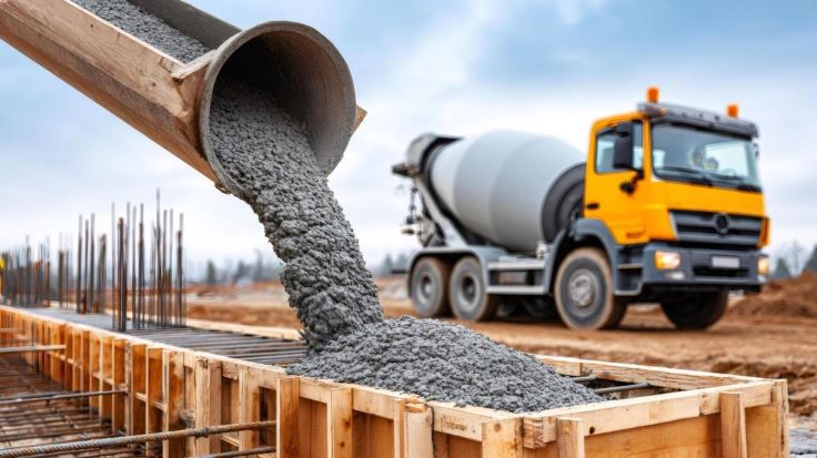 Transit mixer delivering ready mix concrete in Bhinay construction site Rajasthan