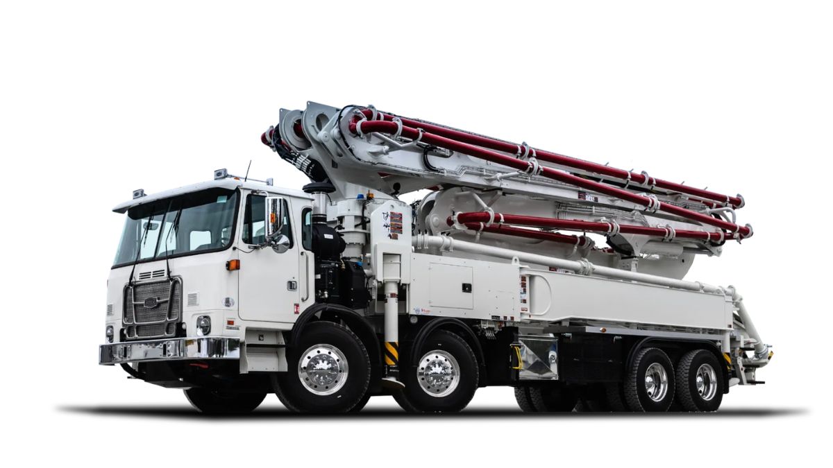 A medium-sized 36-meter concrete boom pump by Balaji Construction & Co. pouring a commercial floor in Ajmer.
