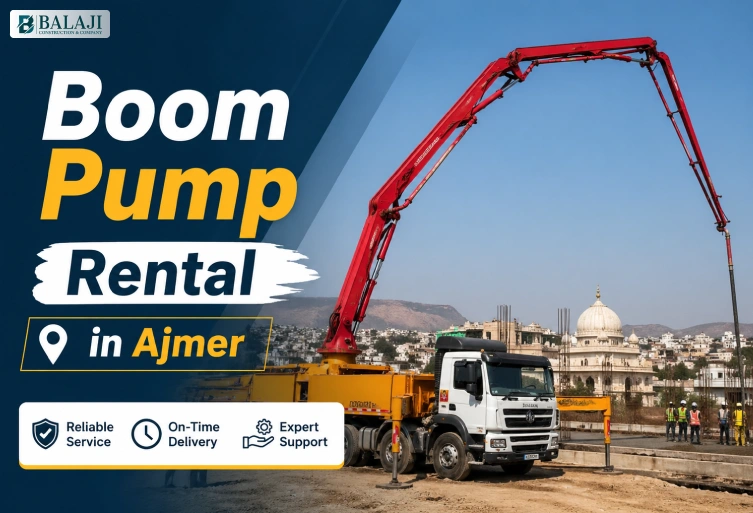 Promotional banner showing a boom pump construction truck in Ajmer with bold text highlighting “Boom Pump Rental in Ajmer” and modern service icons