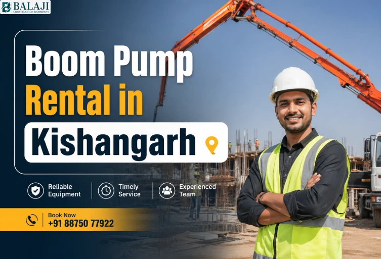 Professional boom pump rental service in Kishangarh with construction site background, boom pump machine, and engineer in safety helmet.