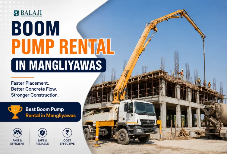 Professional boom pump rental truck working at a modern construction site in Mangliyawas with concrete pumping for commercial building construction.