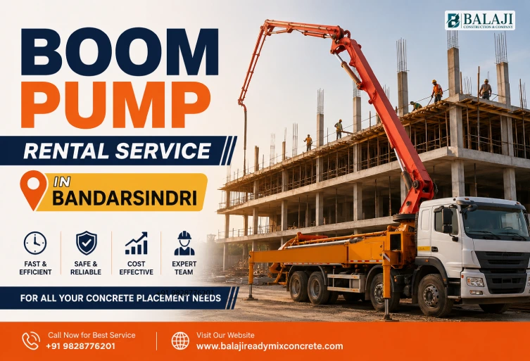 Boom pump rental service in Bandarsindri with concrete pump truck working at a modern construction site building project.