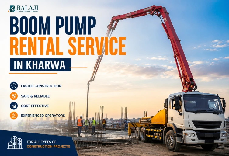 Boom pump rental service truck working at a construction site in Kharwa with modern concrete pumping equipment and workers during commercial construction work.