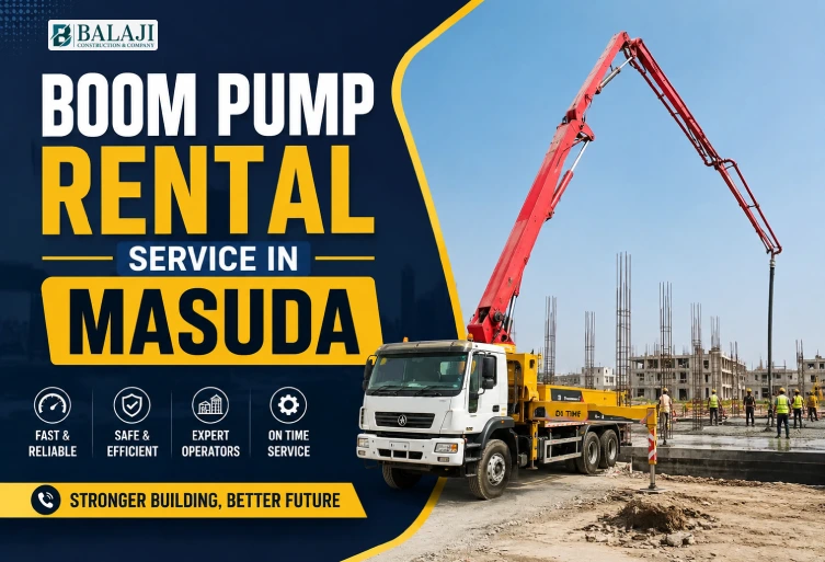 Boom pump rental truck working at a construction site in Masuda with modern concrete pouring machinery and workers.