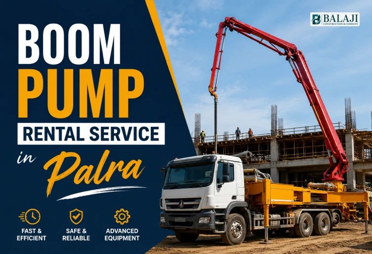Boom pump rental truck delivering concrete at a construction site in Palra with modern commercial building background.