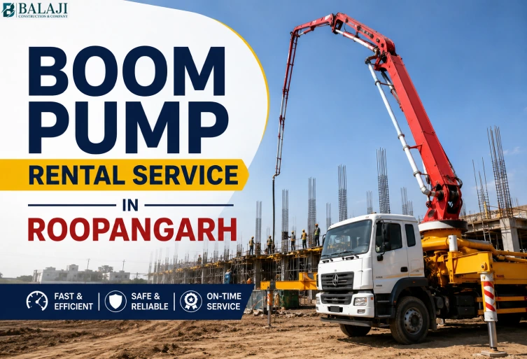 Boom Pump Rental Service in Roopangarh construction thumbnail featuring a concrete boom pump truck working at a large construction site with modern typography and industrial background.