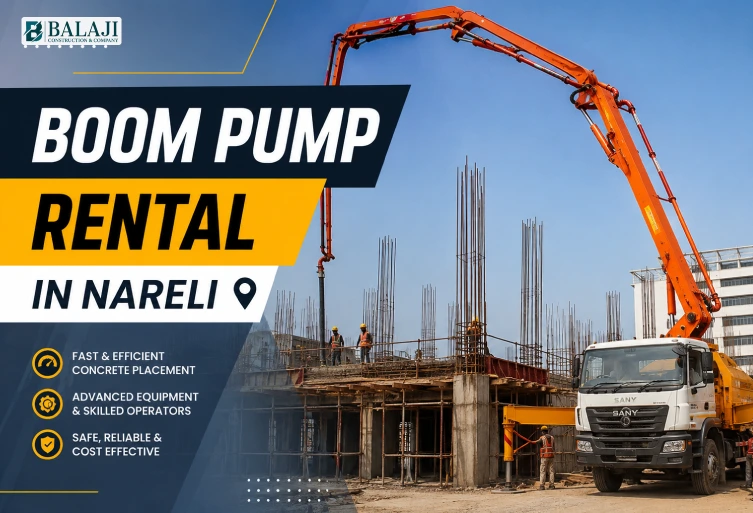 Boom Pump Rental in Nareli construction site with concrete boom pump machine for fast and efficient concrete placement work