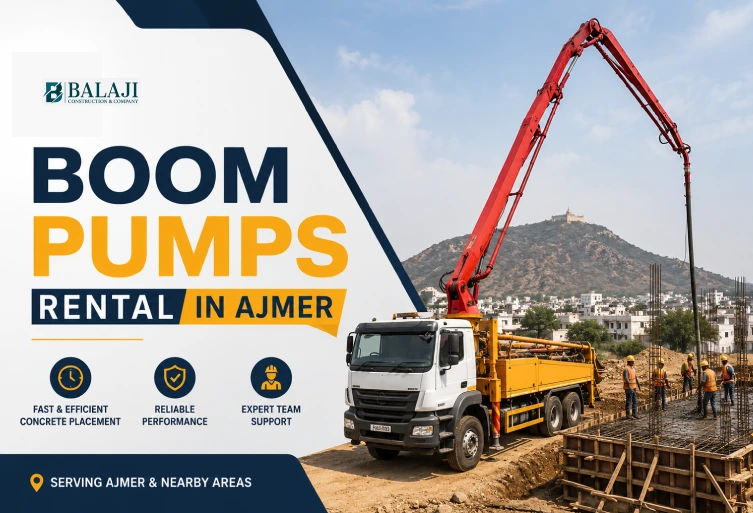 Boom pump rental truck working at a construction site in Ajmer with modern concrete pumping equipment