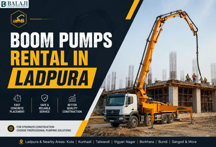 Professional boom pumps rental service in Ladpura with modern concrete pumping machine at active construction site