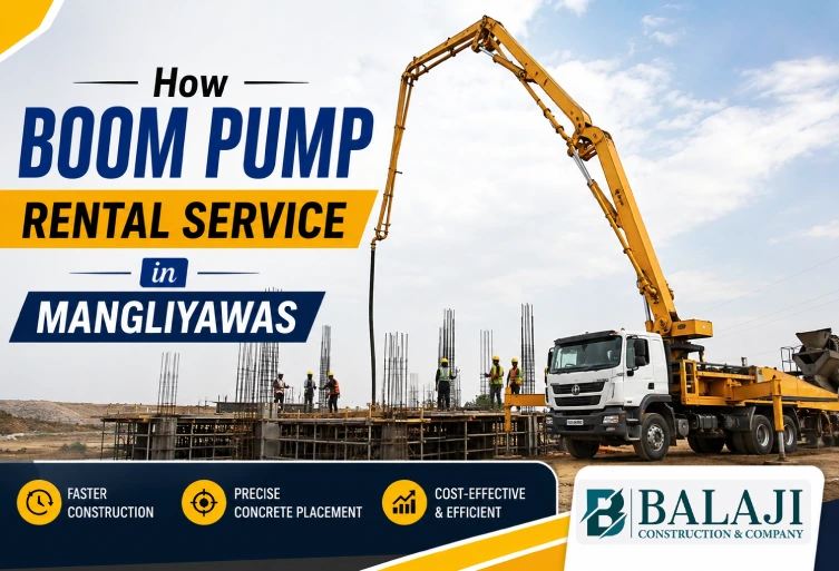 Boom pump rental service truck working at a construction site in Mangliyawas with workers and modern concrete placement equipment.