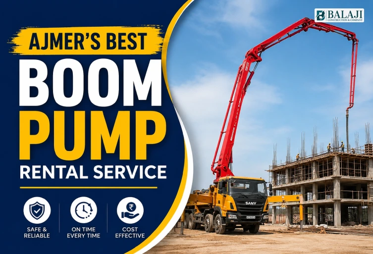 Ajmer's Best Boom Pump Rental Service construction site with modern concrete boom pump machinery for efficient building projects in Ajmer, Rajasthan