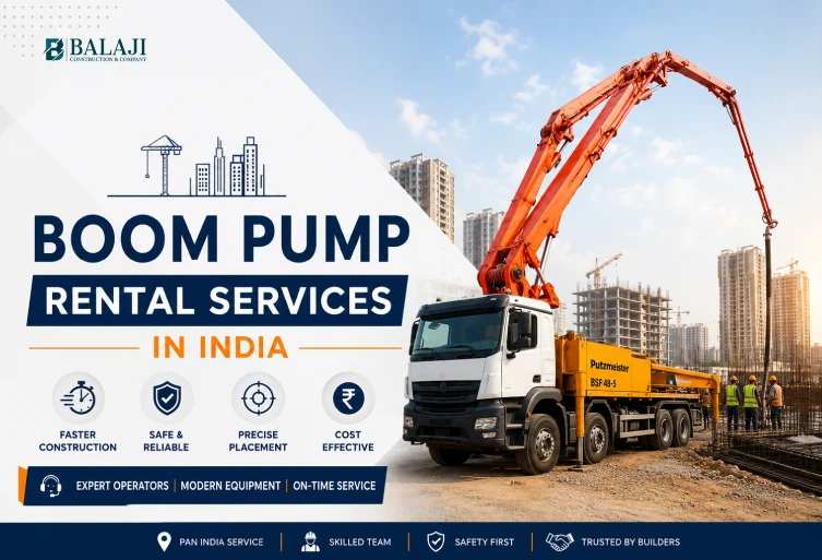 Boom Pump Rental Services in India construction site banner showing a concrete boom pump truck operating at a high-rise building project with modern infrastructure development.