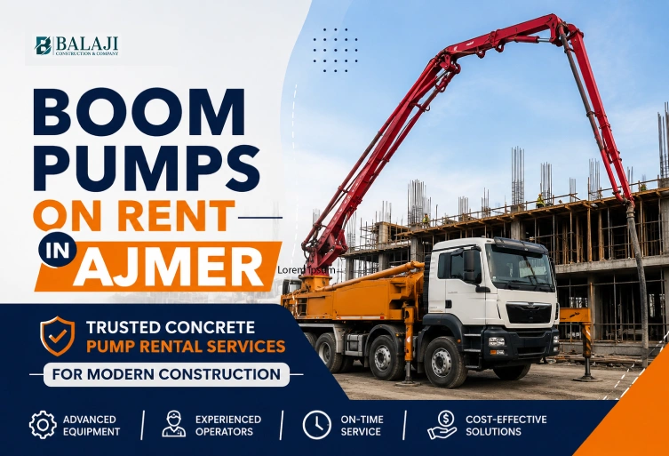 Boom Pumps On Rent in Ajmer with modern concrete pump truck working at a commercial construction site for efficient concrete placement services.