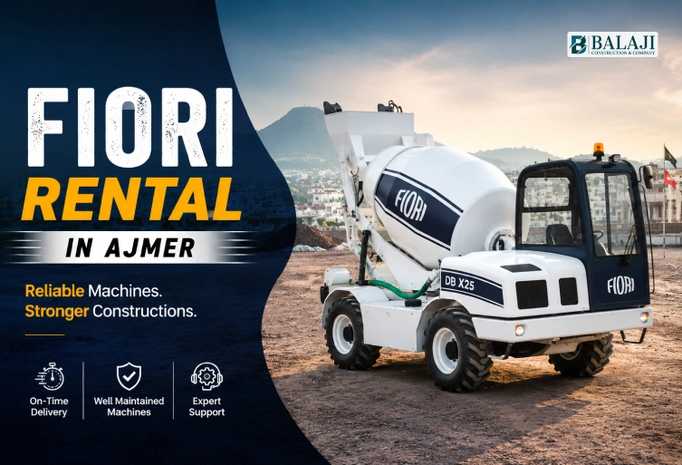 Fiori Rental in Ajmer with self-loading concrete mixer machine for residential, commercial, and infrastructure construction projects.