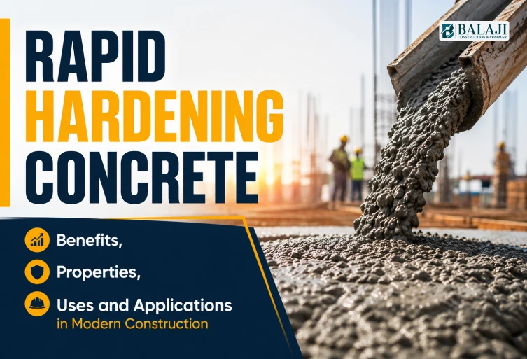 Rapid Hardening Concrete being poured at a construction site highlighting benefits, properties, uses, and applications in modern construction projects
