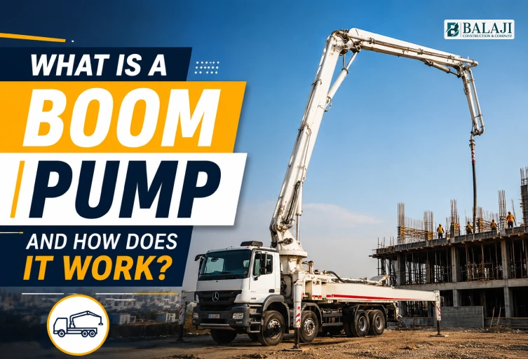 Boom pump truck placing concrete at a construction site, illustrating how a boom pump works in modern building projects in Ajmer.