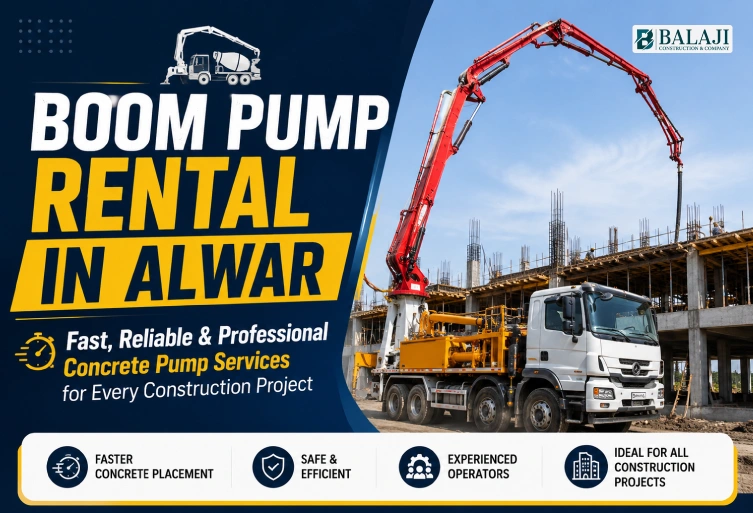 Boom Pump Rental in Alwar truck-mounted concrete pump placing ready mix concrete at a commercial construction site by Balaji Ready Mix Concrete.