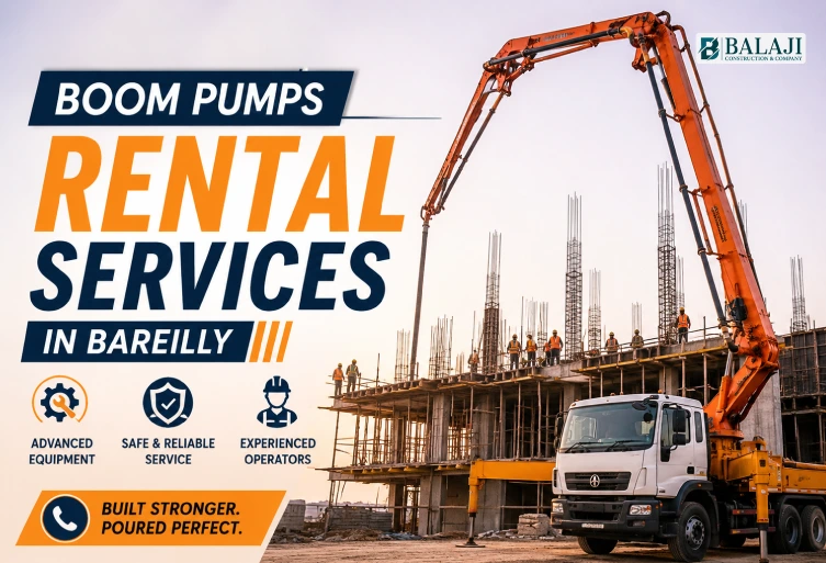 Boom Pumps Rental Services in Bareilly with modern concrete boom pump placing ready mix concrete at a commercial construction site