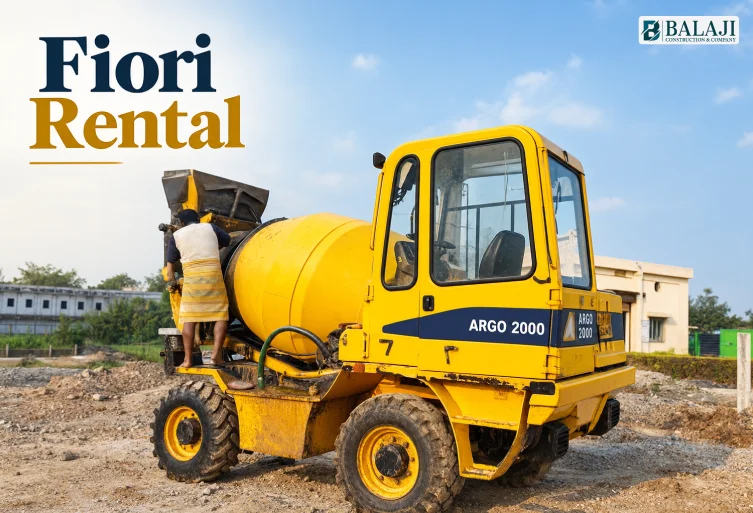 Fiori Rental yellow Fiori ARGO 2000 self-loading concrete mixer at a construction site